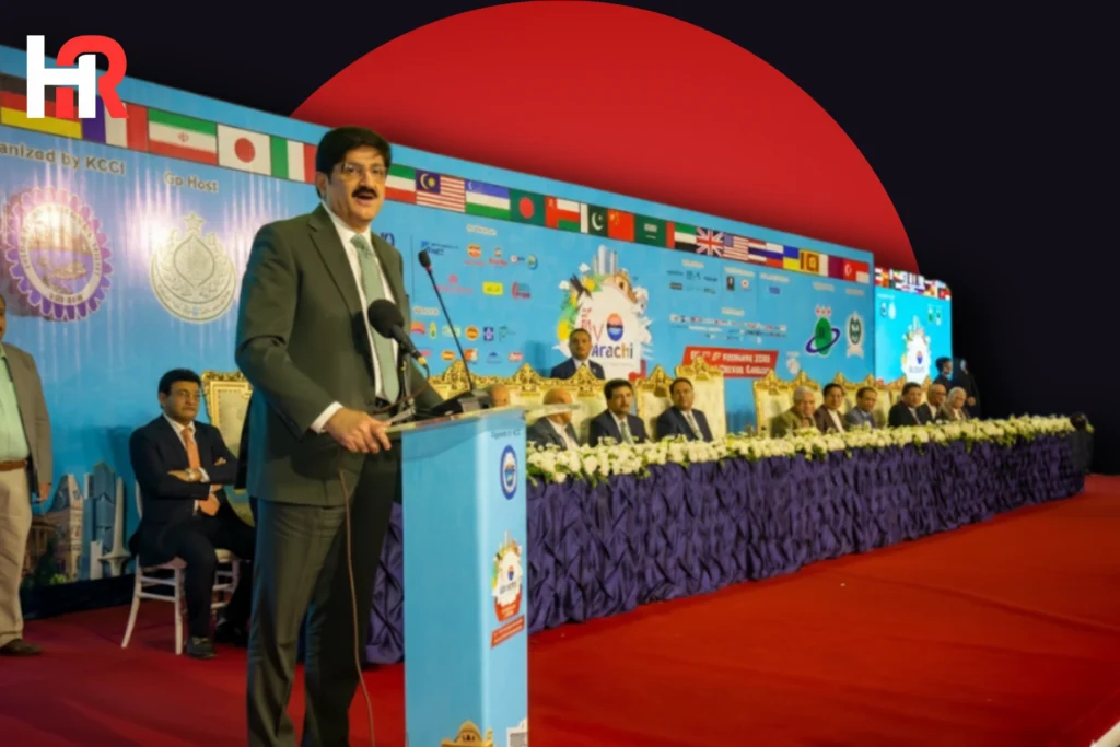 Sindh CM Murad Ali Shah inaugurating the 21st My Karachi Exhibition; relief for Gul Plaza affectees announced.