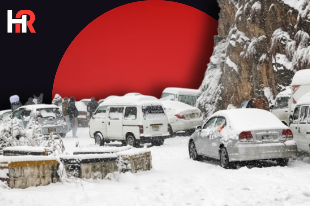 Heavy snowfall in northern Pakistan; cars covered in snow during February westerly wave.