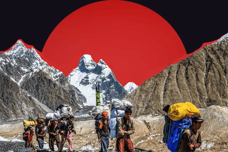 A stylized digital collage showing a line of porters carrying heavy, colorful backpacks and supplies, trekking across a rugged, rocky, and glacial landscape. In the background, towering snow-capped mountain peaks rise against a dark sky that is dominated by a massive, solid red circle resembling a giant sun.