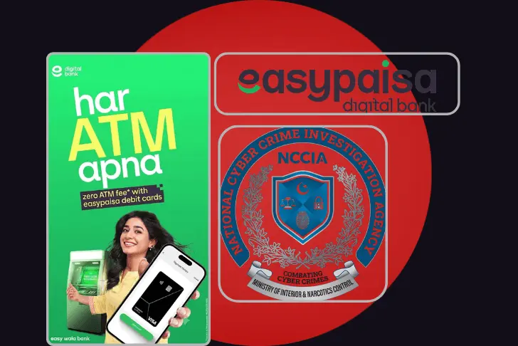 A composite graphic set against a dark background featuring a large red circle. On the left is a green vertical promotional banner for Easypaisa, showing a smiling woman holding a smartphone that displays a black digital Visa card next to an ATM; the banner text reads 'har ATM apna' and 'zero ATM fee* with easypaisa debit cards'. On the right side, there are two distinct elements: the 'easypaisa digital bank' logo at the top, and the official emblem of the National Cyber Crime Investigation Agency (NCCIA) at the bottom, which includes a red and blue shield and the text 'COMBATING CYBER CRIMES' and 'MINISTRY OF INTERIOR & NARCOTICS CONTROL'.