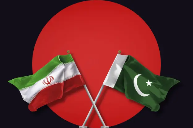 A stylized graphic set against a dark background featuring a prominent, solid red circle. In the foreground, the national flags of Iran, on the left, and Pakistan, on the right, are crossed over each other on silver poles