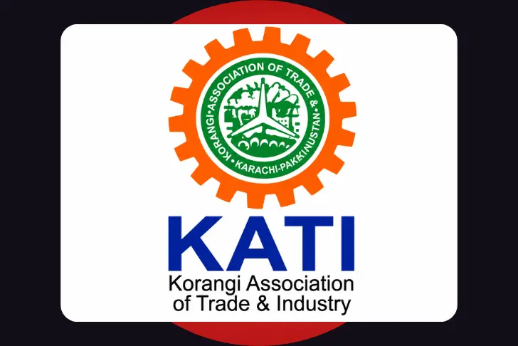 The official logo for the Korangi Association of Trade & Industry (KATI), featuring an orange gear framing a green emblem above large blue