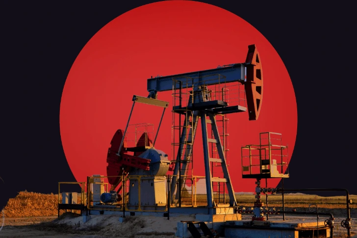 A stylized composite image featuring a large industrial oil pumpjack operating in a flat, rural field. The scene is set against a dark background dominated by a massive, solid red circle positioned directly behind the machinery, resembling a giant sun.