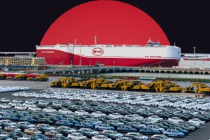 An industrial port scene showing a massive red and white 'LNG POWERED' cargo ship labeled 'BYD SHENZHEN' docked at a pier. The expansive foreground is filled with tightly packed rows of newly manufactured cars and a line of yellow heavy excavators. The natural sky has been replaced with a dark background featuring a giant, solid red circle positioned directly behind the cargo ship.