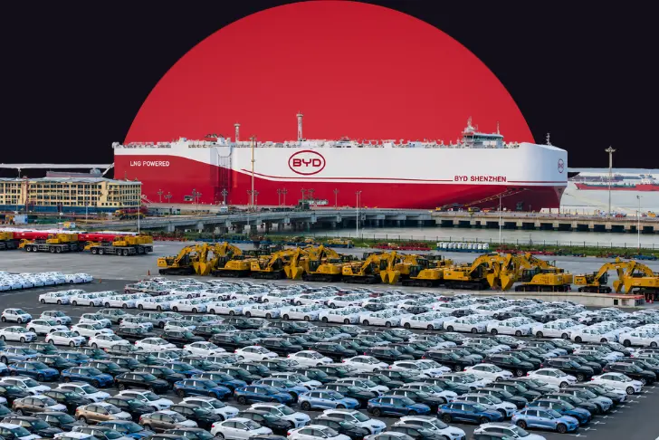 An industrial port scene showing a massive red and white 'LNG POWERED' cargo ship labeled 'BYD SHENZHEN' docked at a pier. The expansive foreground is filled with tightly packed rows of newly manufactured cars and a line of yellow heavy excavators. The natural sky has been replaced with a dark background featuring a giant, solid red circle positioned directly behind the cargo ship.