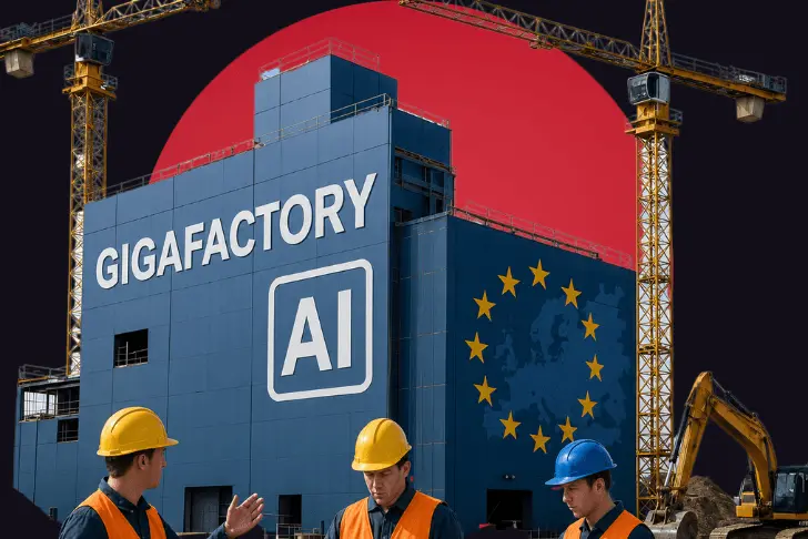 A stylized composite image of a construction site featuring a massive blue industrial building prominently displaying the text 'GIGAFACTORY', a square 'AI' logo, and the circle of yellow stars from the European Union flag. In the foreground, three construction workers wearing hard hats and orange safety vests are visible. Tall yellow cranes and an excavator surround the structure, and the entire scene is set against a stark dark background dominated by a giant, solid red circle positioned directly behind the building.