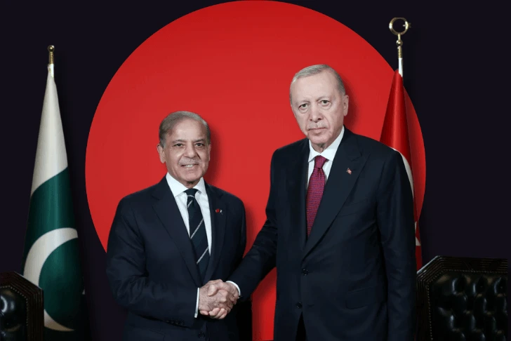 A stylized graphic showing Pakistan's Prime Minister Shehbaz Sharif on the left and Turkey's President Recep Tayyip Erdoğan on the right, both wearing dark suits and ties, standing and shaking hands. The flag of Pakistan is visible on the left and the flag of Turkey on the right. They are positioned against a dark background with a large, solid red circle directly behind them.