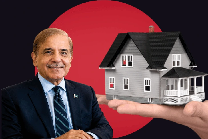 A stylized composite image showing Pakistani Prime Minister Shehbaz Sharif smiling on the left, wearing a dark suit with a Pakistani flag pin. On the right, a large hand holds a miniature gray house. The subjects are set against a dark background dominated by a large, solid red circle.