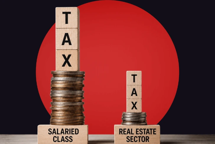 A conceptual graphic illustrating tax disparity set against a dark background with a large red circle. On the left, a tall stack of coins rests on a wooden base labeled 'SALARIED CLASS', topped with large wooden blocks spelling 'TAX' vertically. On the right, a significantly shorter stack of coins sits on a wooden base labeled 'REAL ESTATE SECTOR', topped with smaller wooden blocks spelling 'TAX', visually highlighting the disproportionate tax burden between the two groups.