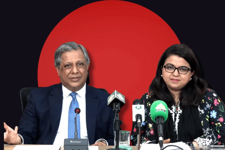 Pakistan's Federal Law Minister Azam Nazeer Tarar and IT Minister Shaza Fatima Khawaja seated at a desk with microphones during a press conference. Tarar, wearing a suit, is gesturing as he speaks, while Khawaja, wearing glasses and a floral top, looks on. They are positioned against a dark background with a large red circle superimposed behind them.