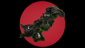 A stylized topographic map of Pakistan highlighting its four provinces with iconic regional landmarks superimposed on each region, set against a dark background featuring a massive, solid red circle.