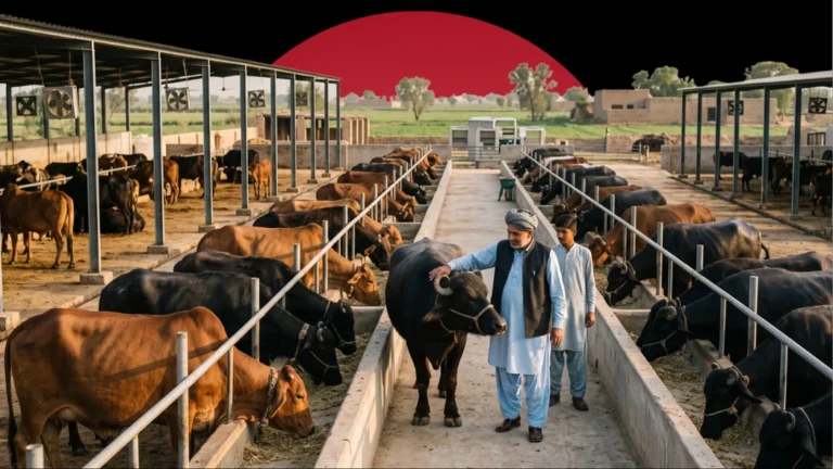 An aerial perspective of a large commercial dairy farm where two men walk down a central concrete aisle between rows of livestock and feeding troughs filled with cattle and buffaloes, set against a dark background with a massive, solid red circle.