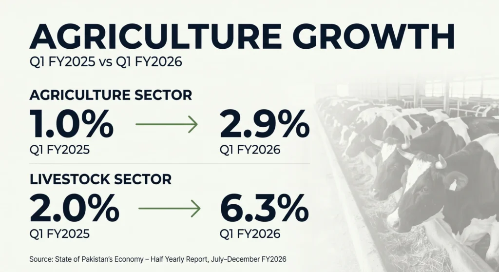 Sophisticated financial infographic with a white background comparing Q1 FY2025 and Q1 FY2026 agriculture and livestock growth in Pakistan, featuring bold numbers and a subtle monochrome cattle texture.