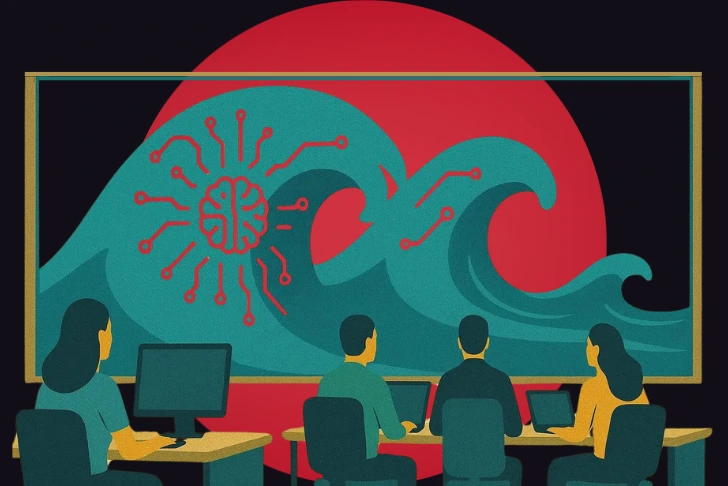An illustration of four people working at computers facing a screen with a teal wave and red AI brain icon, set against a red circle.