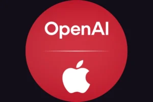 A graphic featuring the white OpenAI text logo and a thin horizontal dividing line above the white Apple logo, all centered inside a large red circle against a dark background.