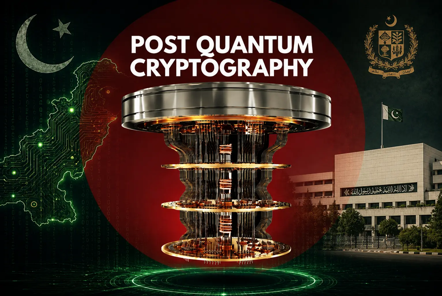 A stylized composite graphic for post-quantum cryptography. In the center, a complex multi-tiered quantum computer processor is suspended against a large red circle and dark digital background. The left side features a glowing green circuit-board map of Pakistan with a crescent and star, while the right side displays the State Bank of Pakistan building, the national flag, and the official state emblem.