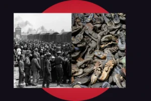 A split-screen historical image set against a dark background with a large red circle. The left side shows a black-and-white photograph of a crowd of people, some wearing striped prison uniforms, standing near train cars and buildings. The right side shows a color photograph depicting a massive pile of worn, discarded shoes