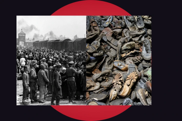 A split-screen historical image set against a dark background with a large red circle. The left side shows a black-and-white photograph of a crowd of people, some wearing striped prison uniforms, standing near train cars and buildings. The right side shows a color photograph depicting a massive pile of worn, discarded shoes