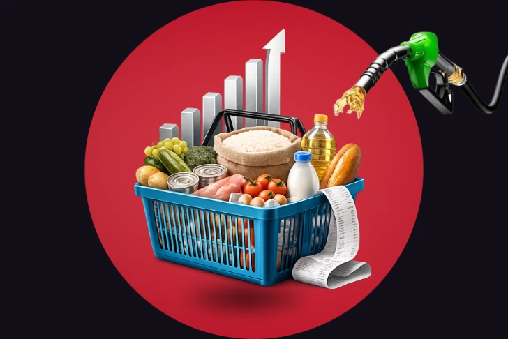 A conceptual image representing inflation, featuring a blue shopping basket filled with groceries like vegetables, a bag of rice, bottled milk, cooking oil, and a long receipt spilling out. In the background, rising vertical bar graphs culminate in an upward-pointing arrow, while a green fuel nozzle pours liquid on the side. The entire scene is set against a dark background with a massive, solid red circle.