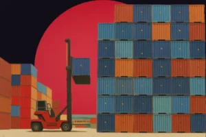 An illustration of an industrial freight yard featuring a red forklift lifting a blue shipping container. Tall stacks of blue, orange, and red shipping containers fill the background. The entire scene is set against a dark background with a massive, solid red circle rising behind the containers