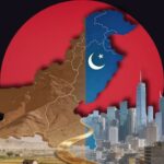 A stylized composite image featuring a map of Pakistan split vertically: the left half shows an earthy, mountainous terrain, while the right half is blue with a white crescent and star, positioned over a modern city skyline with skyscrapers. A glowing road winds from the bottom, and the entire scene is set against a dark background with a massive, solid red circle.