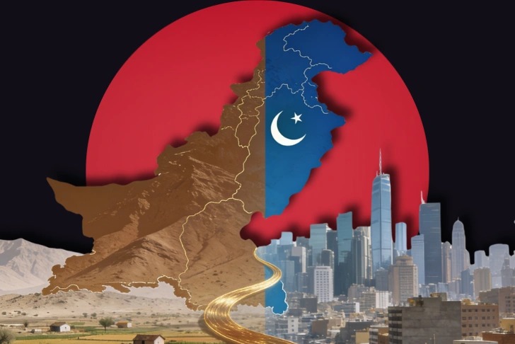 A stylized composite image featuring a map of Pakistan split vertically: the left half shows an earthy, mountainous terrain, while the right half is blue with a white crescent and star, positioned over a modern city skyline with skyscrapers. A glowing road winds from the bottom, and the entire scene is set against a dark background with a massive, solid red circle.