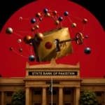 A conceptual illustration of post-quantum cybersecurity, featuring a golden padlock with a key inserted and surrounded by an interconnected molecular network floating above the State Bank of Pakistan building, set against a dark background with a massive, solid red circle.