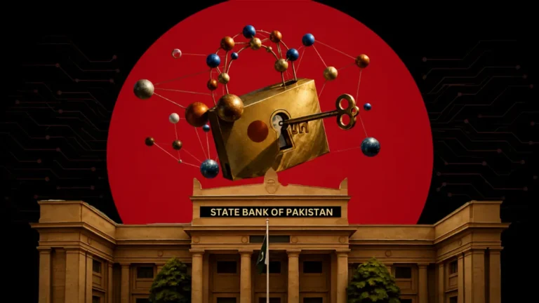 A conceptual illustration of post-quantum cybersecurity, featuring a golden padlock with a key inserted and surrounded by an interconnected molecular network floating above the State Bank of Pakistan building, set against a dark background with a massive, solid red circle.