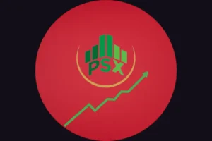 A stylized graphic featuring the green PSX logo accompanied by upward-trending bar charts and a line graph, centered inside a large solid red circle against a dark background. Pakistan stock exchange