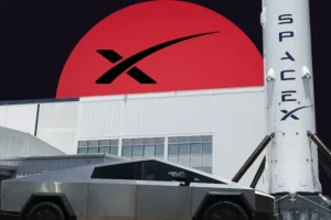 A composite image featuring a stainless steel Cybertruck in the foreground and a large white SpaceX rocket next to a building in the background. The SpaceX 'X' logo is prominently displayed over a massive red circle against a dark background