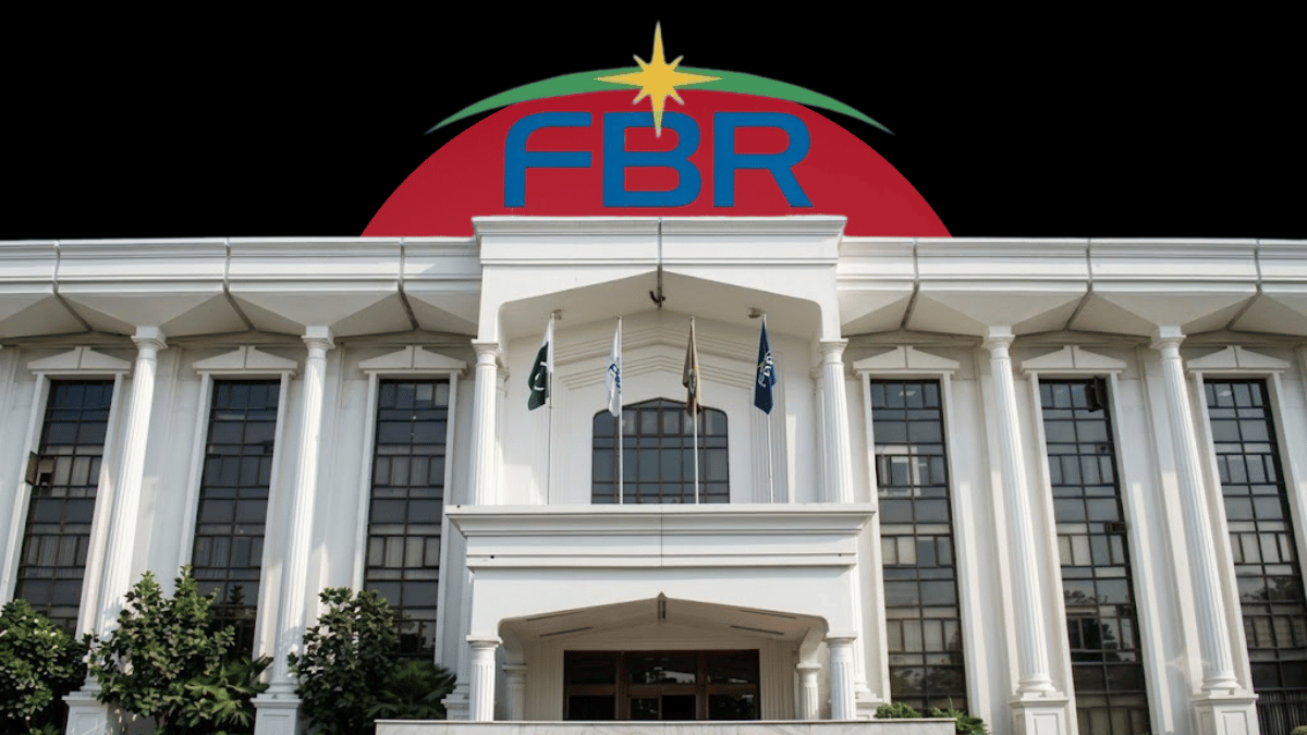 A frontal view of the Federal Board of Revenue (FBR) headquarters building with its white pillared facade and national flags, set against a dark background with a large red circle and the FBR logo."