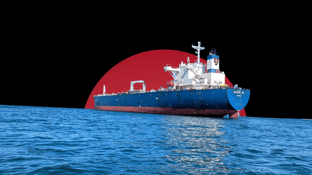 A large blue oil tanker named 'ROSE M' sailing on open blue ocean waters, set against a dark background featuring a massive, solid red circle.
