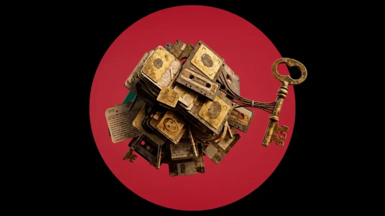 A conceptual digital illustration featuring a dense, clustered mass of retro data media—including floppy disks, cassette tapes, ID cards with fingerprints, and documents—tethered to an ornate, antique skeleton key. The entire assemblage is centered on a solid red circular background against a dark backdrop.