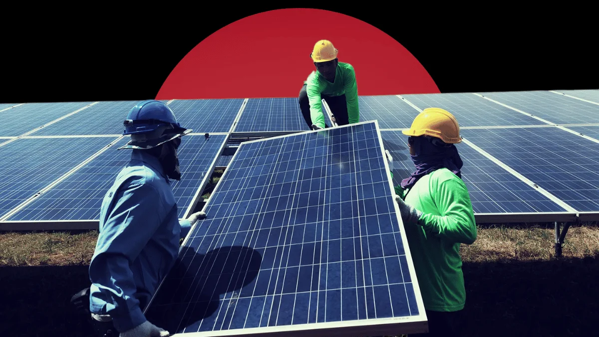 Three workers wearing hard hats and safety gear installing large blue solar panels at an outdoor solar farm, set against a dark background with a massive, solid red circle.