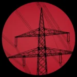 A high-voltage electricity transmission tower standing against a deep red circular graphic backdrop.