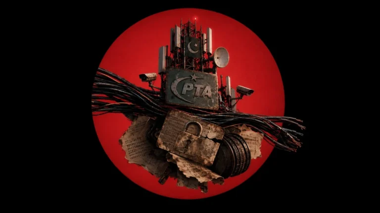 A conceptual digital illustration featuring a telecommunications tower with a sign reading 'PTA' and a Pakistani flag, tangled in bundles of black cables, a locked vintage document, and security cameras, all centered within a massive solid red circle against a dark background.