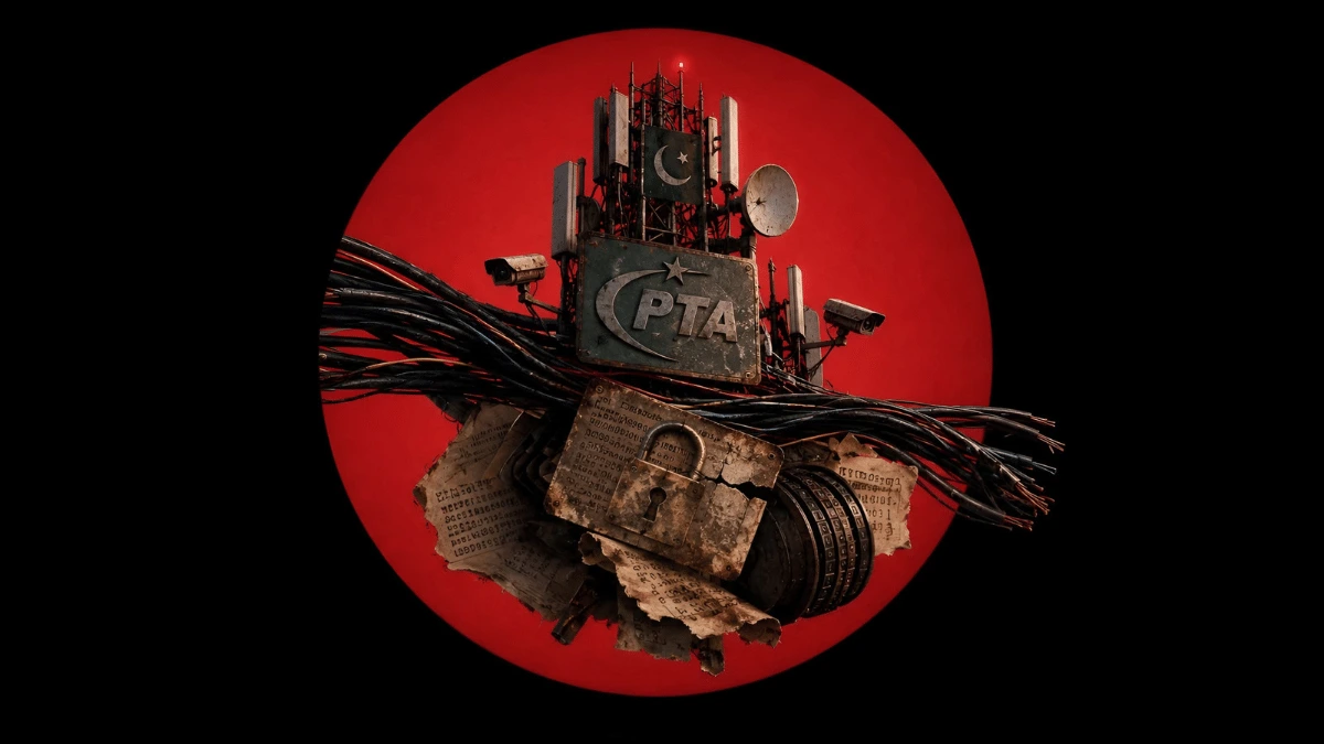 A conceptual digital illustration featuring a telecommunications tower with a sign reading 'PTA' and a Pakistani flag, tangled in bundles of black cables, a locked vintage document, and security cameras, all centered within a massive solid red circle against a dark background.