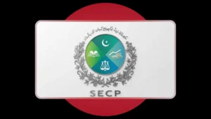 The official logo and branding of the Securities and Exchange Commission of Pakistan (SECP) displayed on a white rectangular board, set against a dark background with a massive, solid red circle.