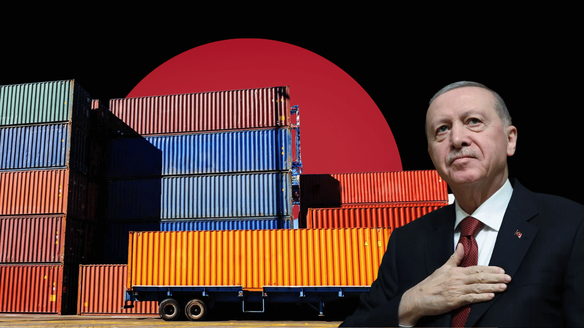 Turkish President Recep Tayyip Erdogan standing with his hand on his chest next to stacked multi-colored shipping containers at a port, set against a dark background with a massive solid red circle.