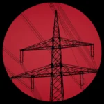 A silhouette of a high-voltage electrical transmission tower with crisscrossing power lines, set against a dark background featuring a massive, solid red circle.