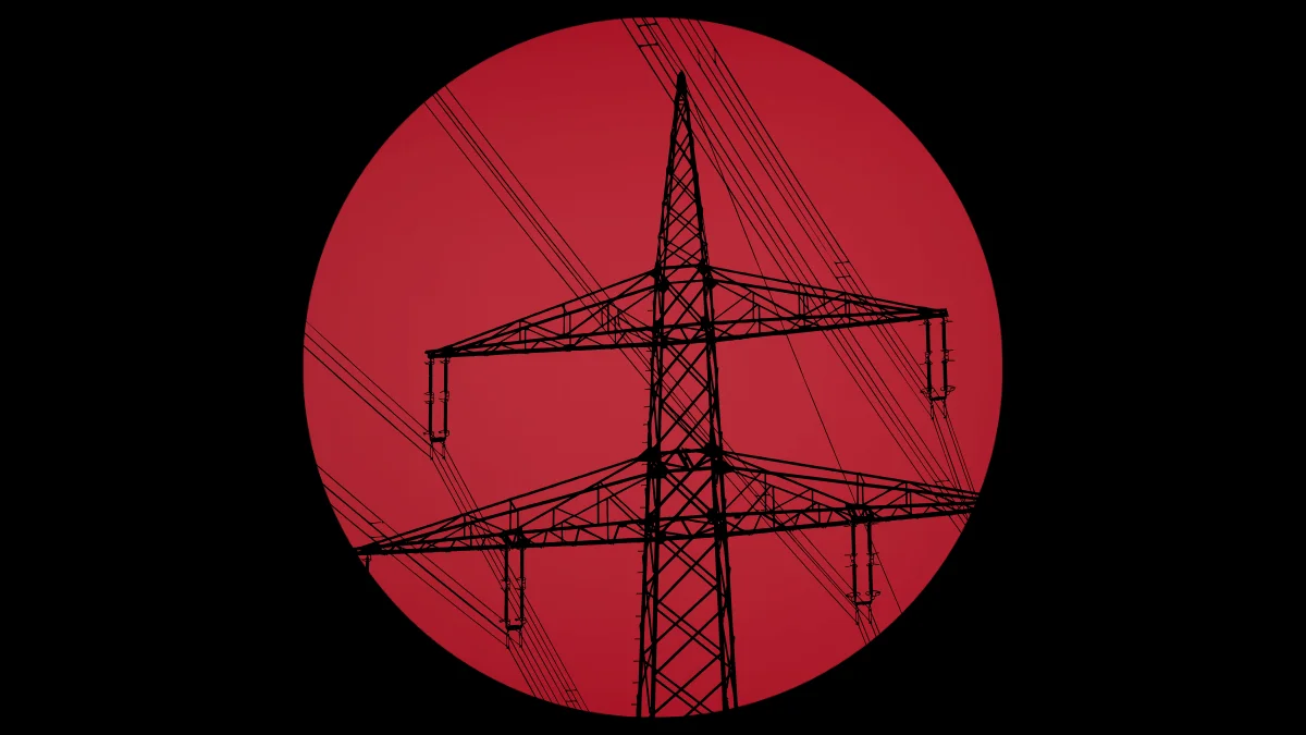 A silhouette of a high-voltage electrical transmission tower with crisscrossing power lines, set against a dark background featuring a massive, solid red circle.