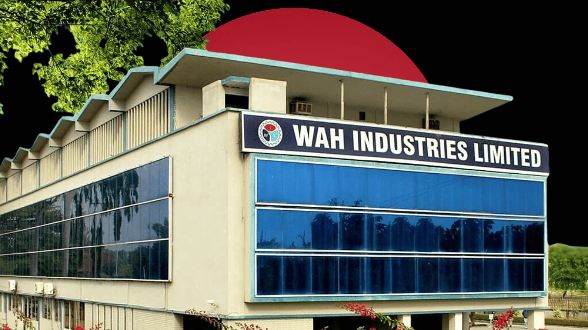 The exterior building facade of Wah Industries Limited featuring blue glass panels and corporate signage, set against a dark background with a massive solid red circle.
