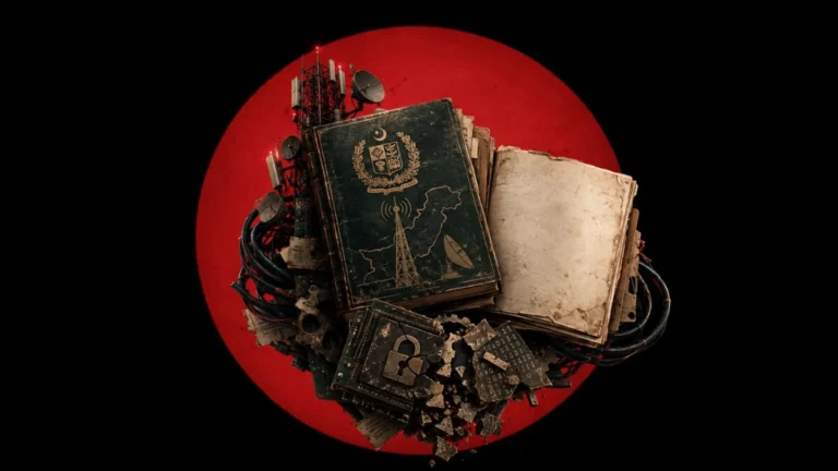 A conceptual digital illustration featuring an antique green book embossed with a national crest and a telecom tower graphic, resting alongside an open journal, computer circuit boards with a locked padlock, and bundles of cables, all centered against a massive solid red circle on a dark background.