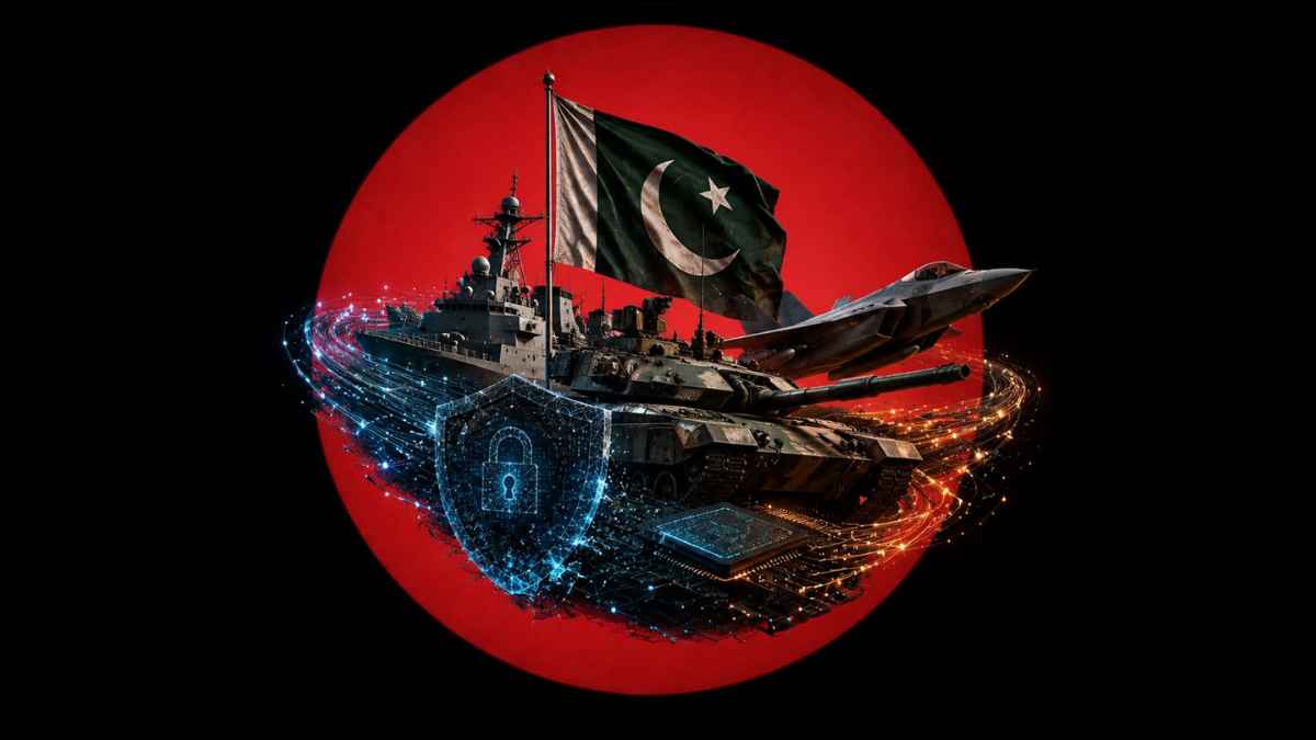 A graphic illustration featuring military assets including a naval warship, main battle tank, fighter jet, and the Pakistani flag, set against a large red circular backdrop with a digital cybersecurity shield icon in the foreground.